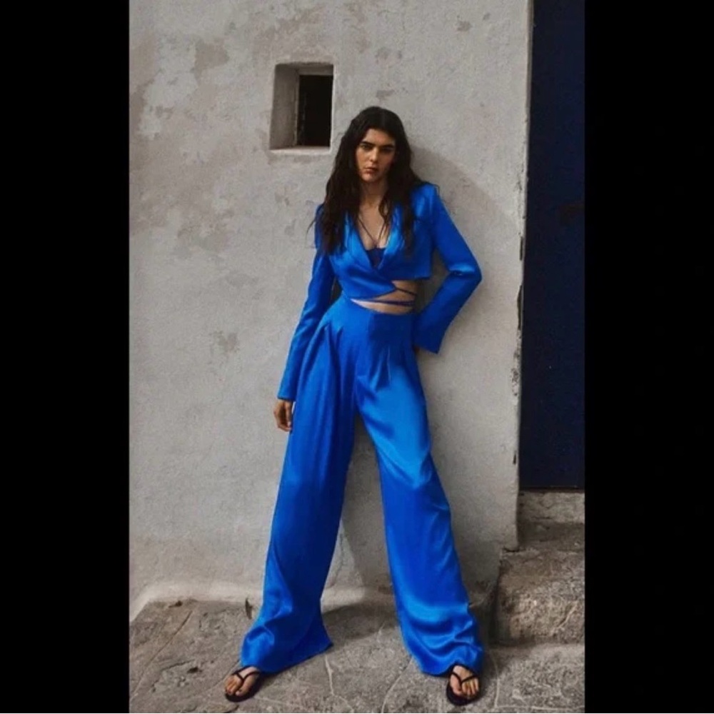 Zara Electric Blue Satin Wide-Leg jacket + pants